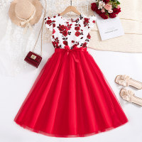 Rose Print Flying Sleeves Puffy Princess Dress  Red