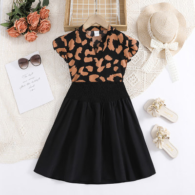 Summer V-neck flying sleeves printed top black skirt two-piece suit