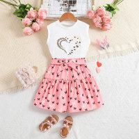 Round Neck Sleeveless Printed Top Butterfly Printed Shorts Set  White
