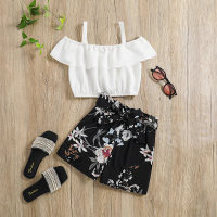 Suspender ruffle top with printed shorts set  White