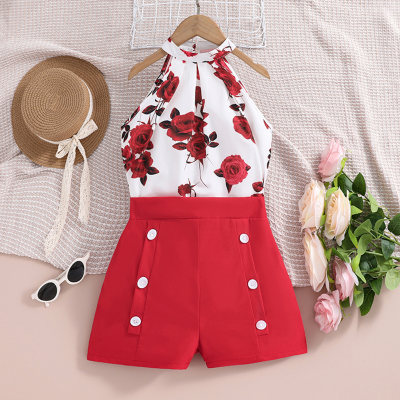 Summer love print halterneck top and shorts two-piece set