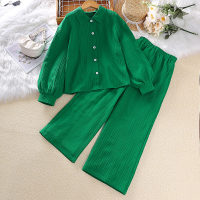 2-piece Kid Girl Solid Color Button-up Long Sleeve Shirt Jacket & Matching Loose Pants  Green