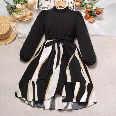 Kid Girl Color-block Patchwork Stand Up Collar Long Sleeve Dress