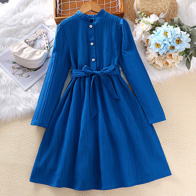 2-piece Kid Girl Solid Color Stand Up Collar Long Sleeve Dress & Belt