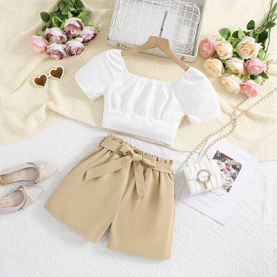 Summer white short-sleeved square neck top, brown shorts and belt three-piece set
