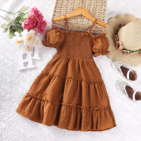 Toddler Girl Solid Color Slash Neck Short Sleeve Dress  Coffee