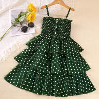 Kid Girl Polka Dot Print Sling Dress  Green