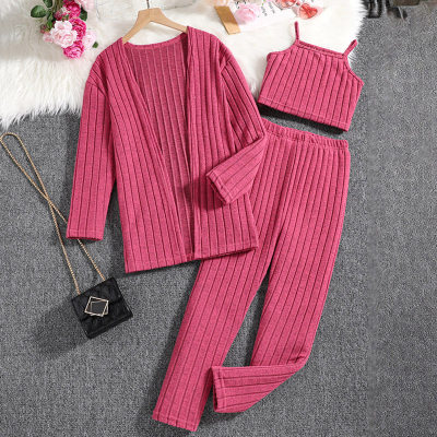 3-piece Kid Girl Solid Color Cami Top &Pants & Matching Long Sleeve Cardigan
