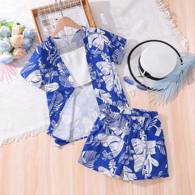 Summer printed short-sleeved shirt with vest and shorts three-piece set