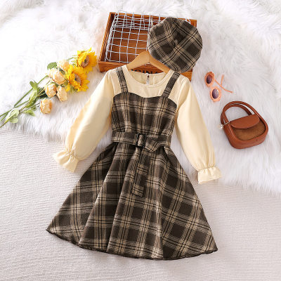 Vestido e boina xadrez patchwork de manga comprida para menina de 2 peças