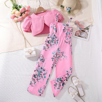 Summer Printed Suspender Jumpsuit Short Sleeve Top Two-piece Set  Pink