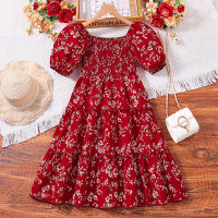 Square neck floral short sleeve red dress  Red