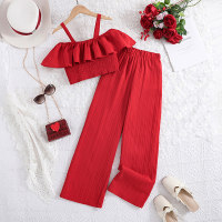 Red strappy off-shoulder top and trousers two-piece set  Red