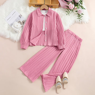 Lapel long-sleeved shirt top and trousers two-piece set