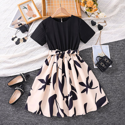 Black and pink color matching short-sleeved print fashionable dress