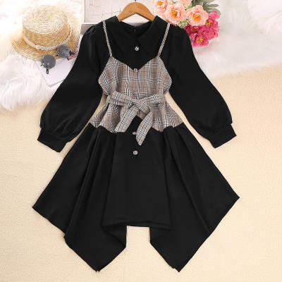 Kid Girl 2 in 1 Plaid Patchwork Button Front Long Sleeve Irregular Dress