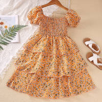 Kid Girl Flower Print Dress  Orange