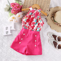 2-piece Toddler Girl Allover Floral Printed Halted Neck Top & Solid Color Shorts  Hot Pink
