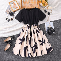 Black and pink color matching short-sleeved print fashionable dress  Black