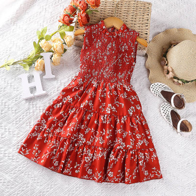 Toddler Girl Floral Printed Stand Up Collar Sleeveless Dress