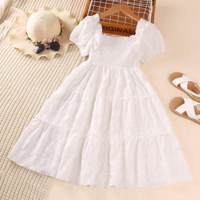 Kid Girl Solid Color Puff Sleeve Dress