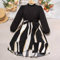 Kid Girl Color-block Patchwork Stand Up Collar Long Sleeve Dress  Black