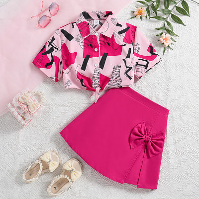 Fashion Lace-up Short-sleeved Shirt Bowknot Culotte Set