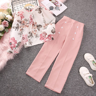 2-piece Kid Girl Floral Printed Long Sleeve Top & Solid Color Button Decor Straight Pants