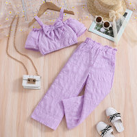 Summer suspender bow off-shoulder top and trousers two-piece set  Light Purple