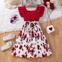 Summer flying sleeve patchwork print dress  Red