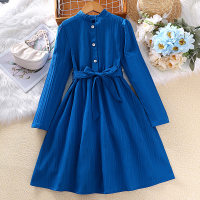 2-piece Kid Girl Solid Color Stand Up Collar Long Sleeve Dress & Belt  Blue