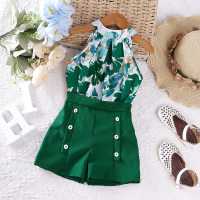 2-piece Toddler Girl Allover Floral Printed Halted Neck Top & Solid Color Shorts  Deep Green