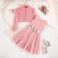 Spliced Mesh Vest Dress Long Sleeve Cardigan  Pink