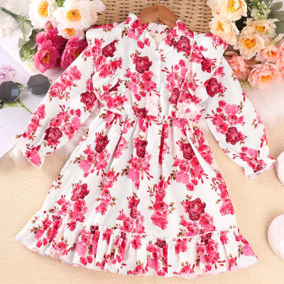 Toddler Floral Decor Long Sleeve Ruffled Collar Dress