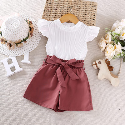 3-piece Toddler Girl Solid Color Fly Sleeve Top & Matching Shorts & Belt