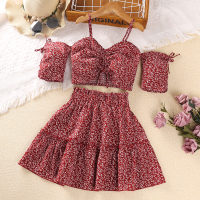 2-piece Kid Girl Floral Dew Shoulder Short Sleeve Blouse & Matching Skirt  Red