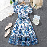 Elegantes blaues Kleid mit Puffärmeln und Print  Blau