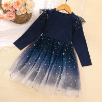 Toddler Girl Gradient Color Star Pattern Mesh Patchwork Long Sleeve Dress  Deep Blue