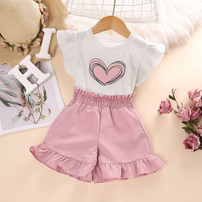2-piece Toddler Girl Heart Printed Fly Sleeve Top & Solid Color Shorts