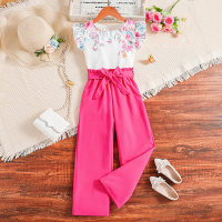 Weißes Set mit kurzärmligem Oberteil und Hose mit Aufdruck  Pink