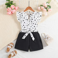 Summer new three-piece star printed flying sleeve top, shorts and belt set  White