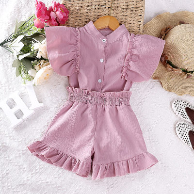 2-piece Toddler Girl Solid Color Stand Up Collar Ruffled Sleeve Blouse & Matching Shorts