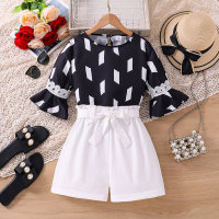 Summer lace short-sleeved printed top and shorts two-piece set  Black