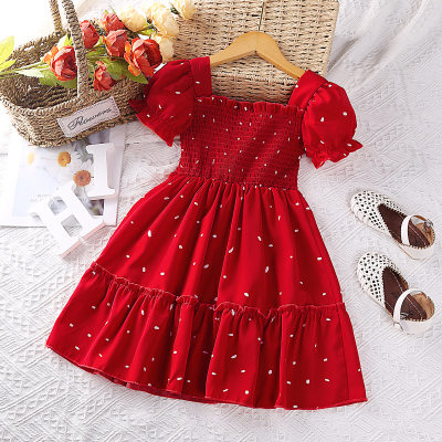 Toddler Girl Polka Dotted Square Neck Short Puff Sleeve Dress