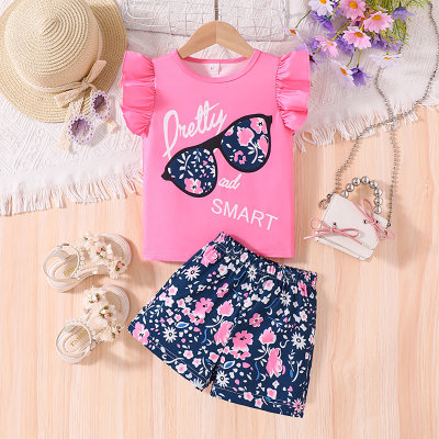 Girls 2024 latest round neck flying sleeve pink top fashion floral shorts suit