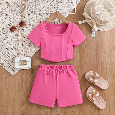 Summer new square neck short-sleeved tops and shorts pink two-piece set