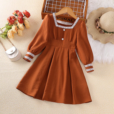 Kid Girl Solid Color Lace Spliced Square Neck Long Puff Sleeve Dress