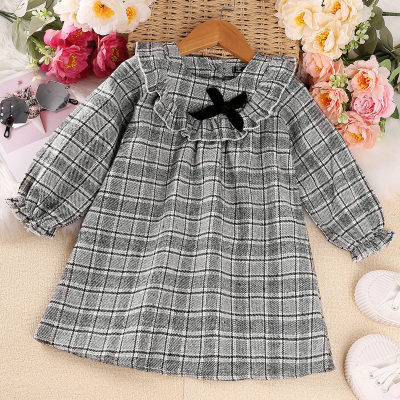 Toddler Girl Daily Bow Plaid Long Sleeve Dress