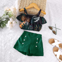 Blusa sem mangas estampada floral para menina de 2 peças e shorts frontais com botões  Verde