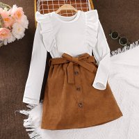3-piece Kid Girl Solid Color Turtle Neck Long Sleeve Top & Corduroy Button Front A-line Skirt & Bowknot Belt  White